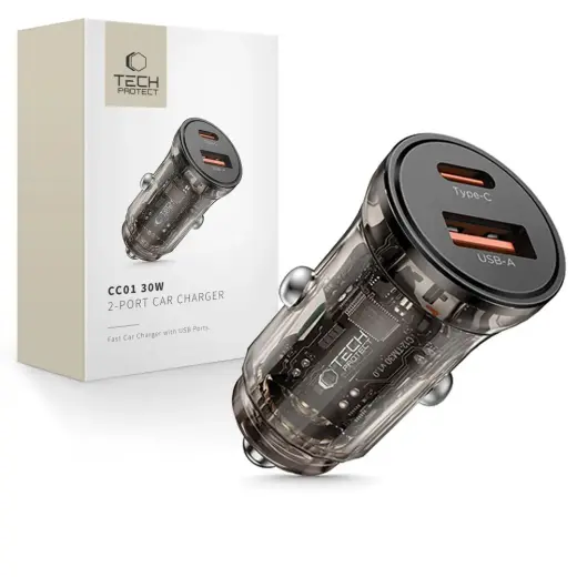 Зарядка для автомобиля Tech-Protect CC01 | 30W | PD, QC | USB-A, USB-C | чёрная