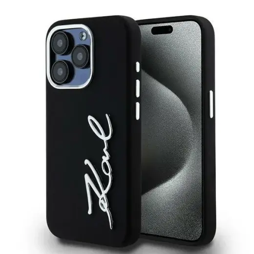 Karl Lagerfeld Silicone Metal Script Logo phone case for iPhone 15 Pro Max black