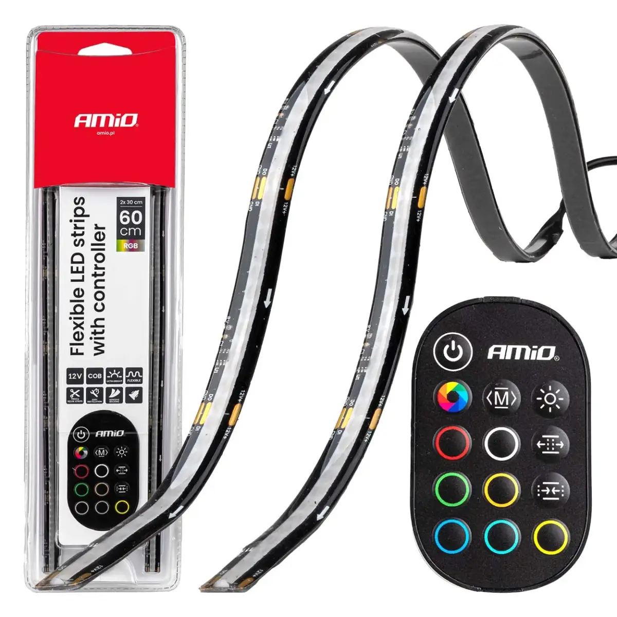 Flexible LED COB strips with controller multicolour RGB 2x30cm 12V AMIO-04579