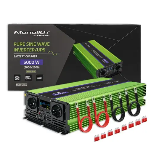 Qoltec Pure Sine Wave Inverter Monolith | battery charger | UPS |  2500W | 5000 | 12V to 230V | LCD