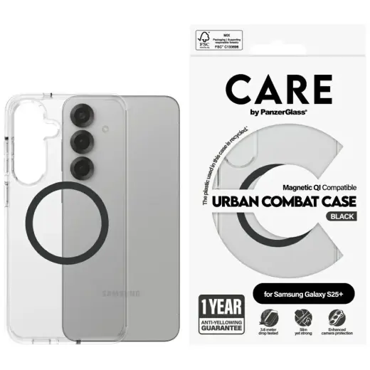 Etui CARE by PanzerGlass Flagship Urban   Combat QI do Samsung Galaxy S25+ przezroczysty-czarny