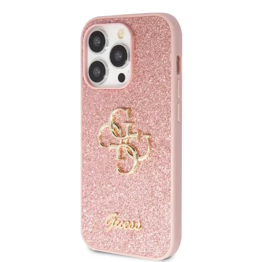 Guess PU Fixed Glitter 4G Metal Logo phone case for iPhone 15 Pro pink