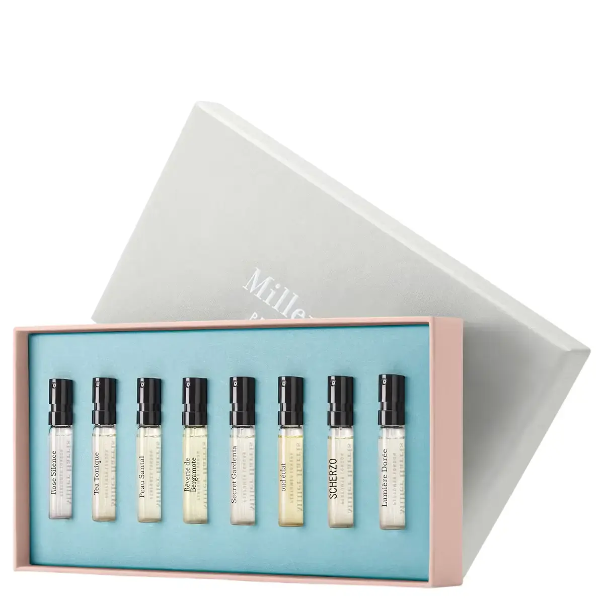 Discovery Set Miller Harris: Scherzo, Eau De Parfum, Unisex, 2 ml *Vial + Rose Silence, Eau De Parfum, For Women, 2 ml *Vial + Coeur De Jardin, Eau De Parfum, For Women, 2 ml *Vial + Tea Tonique, Eau De Parfum, Unisex, 2 ml *Vial + Peau Santal, Eau De Parfum, For Women, 2 ml *Vial + Lumiere Doree, Eau De Parfum, For Women, 2 ml *Vial + Etui Noir, Eau De Parfum, Unisex, 2 ml *Vial + Secret Gardenia, Eau De Parfum, For Women, 2 ml *Vial