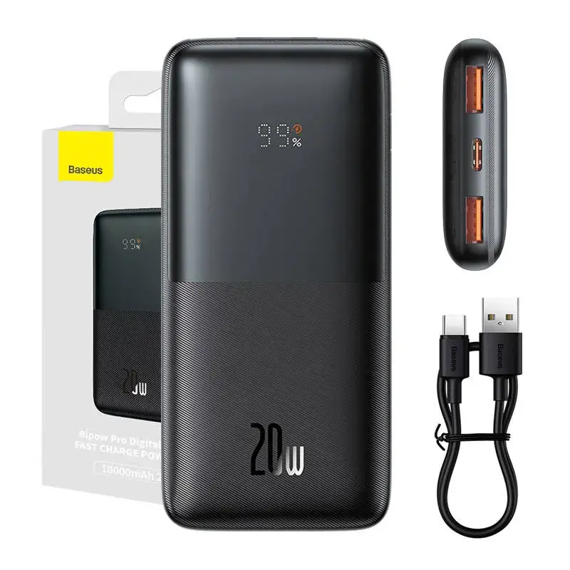 Ārējais akumulators Baseus Bipow Pro 10000mAh, 2xUSB, USB-C, 20W (melns)