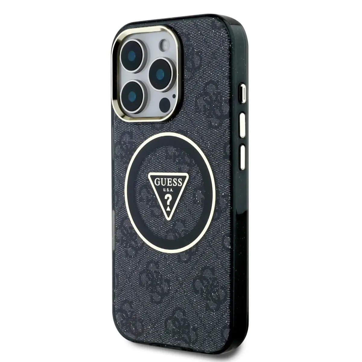 Guess IML 4G Glitter and Triangle Logo MagSafe Case for iPhone 16 Pro Black