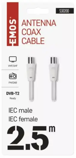 Coaxial antenna cable 2.5m coax.male - female,  white EMOS