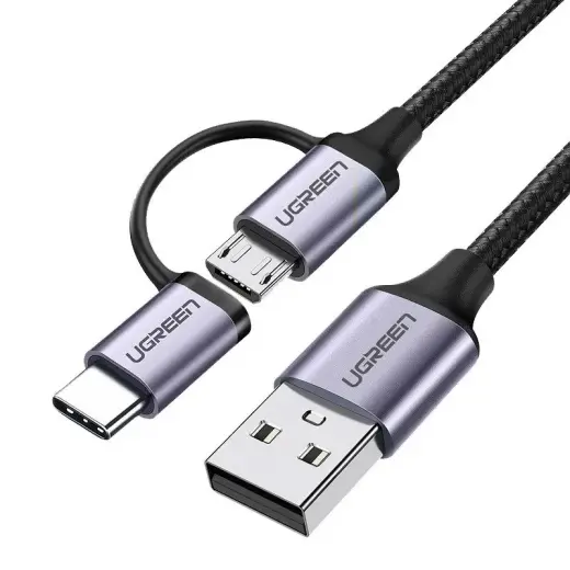 Ugreen 2-in-1 datu pārraides un uzlādes vads | USB-A uz USB-C, Micro USB | QC 3.0 | 1m | melns