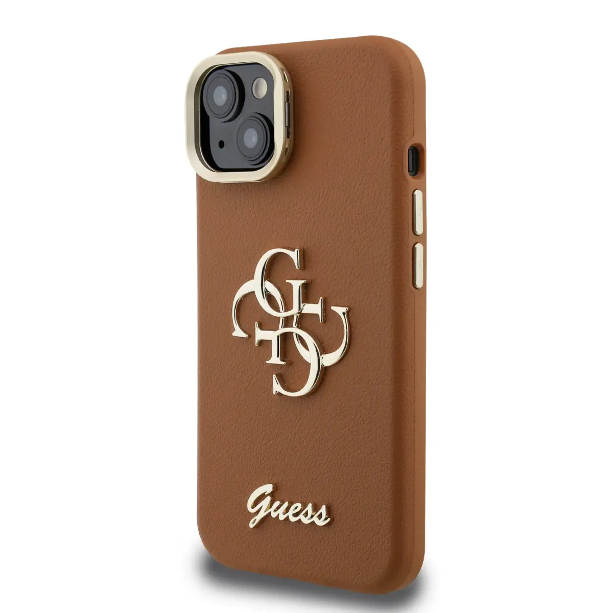 Guess PU Grained 4G Logo Stand Camera Frame telefona maciņš priekš iPhone 15 brūns