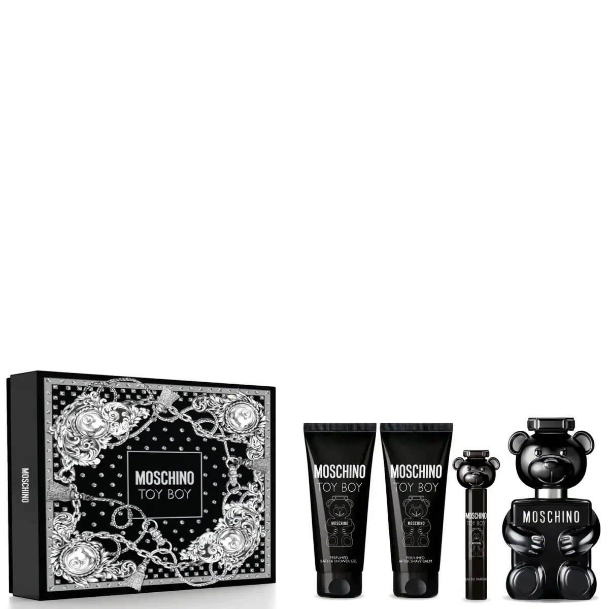 Moschino Toy Boy by Moschino EAU DE PARFUM SPRAY 3.4 OZ & AFTERSHAVE BALM 3.3 OZ & SHOWER GEL 3.4 OZ & EAU DE PARFUM SPRAY 0.33 OZ for MEN
