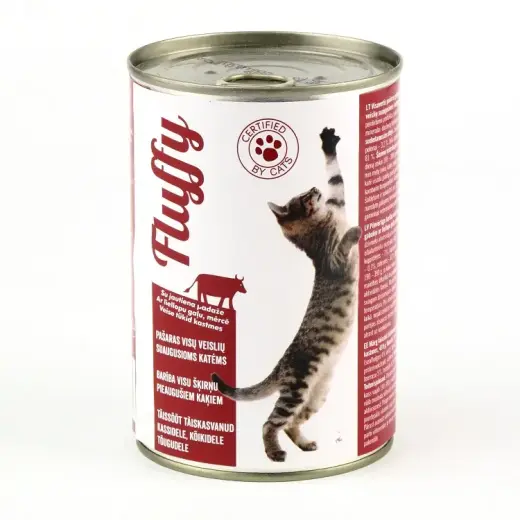 Konservi kaķiem FLUFFY, ar liellopa gaļu, 410g