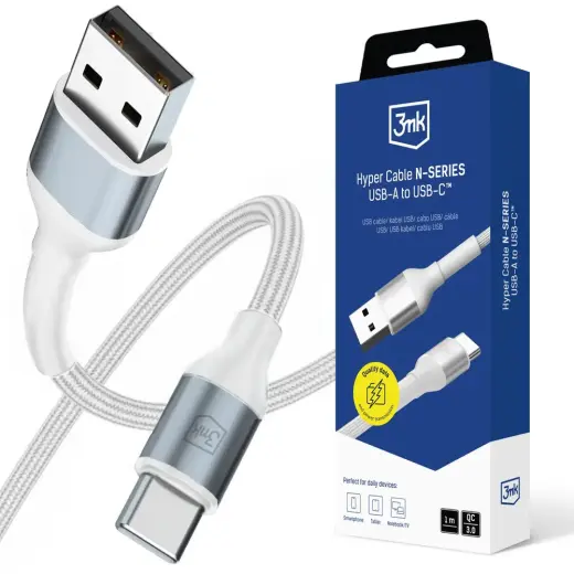 3mk Hyper N-SERIES duomenų perdavimo ir įkrovimo laidas | USB-A į USB-C | 18W | 1m | baltas