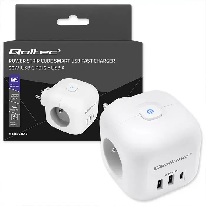 Qoltec Power cube 6-in-1 extension cord with illuminated switch | 3x AC | 2x USB | 1x USB-C PD 20W | White