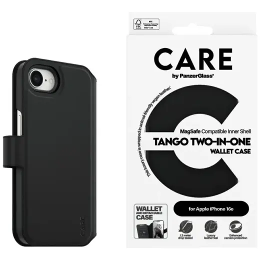 CARE by PanzerGlass Wallet telefoniümbris mudelile iPhone 16e, must