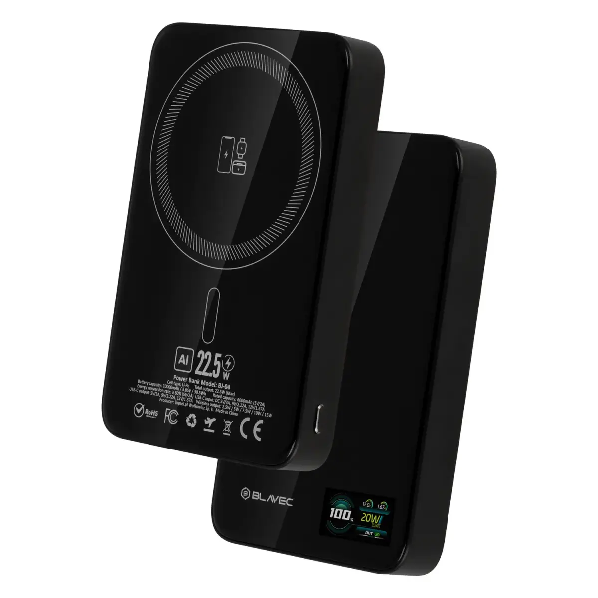 Blavec BJ-04 Slim 13,5mm ārējais akumulators (powerbank) | 10000 mAh | 22.5W | USB-C, MagSafe | LED ekrāns | grafīta pelēks