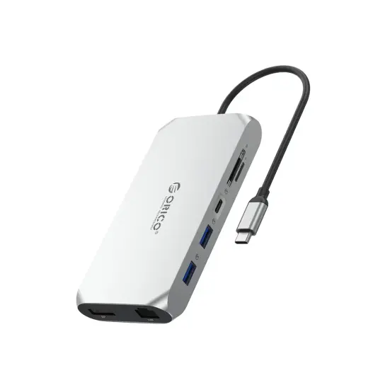 Orico XCR 12in1 USB-C Docking Station 2x USB-A 3.1 1x USB-A 2.0 1x USB-C PD 100W 1x USB-C 3.1 2x HDMI 2.0 4K 60 Hz 1x DisplayPort 1.4 4K 60 Hz 1x SD 3.0 1x microSD 3.0 1x RJ45 Gigabit Ethernet 1x audio CTIA 3.5 mm - silver