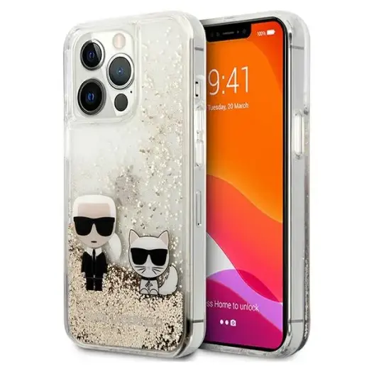 KLHCP13LGKCD Karl Lagerfeld Liquid Glitter Karl and Choupette Case for iPhone 13 Pro Gold
