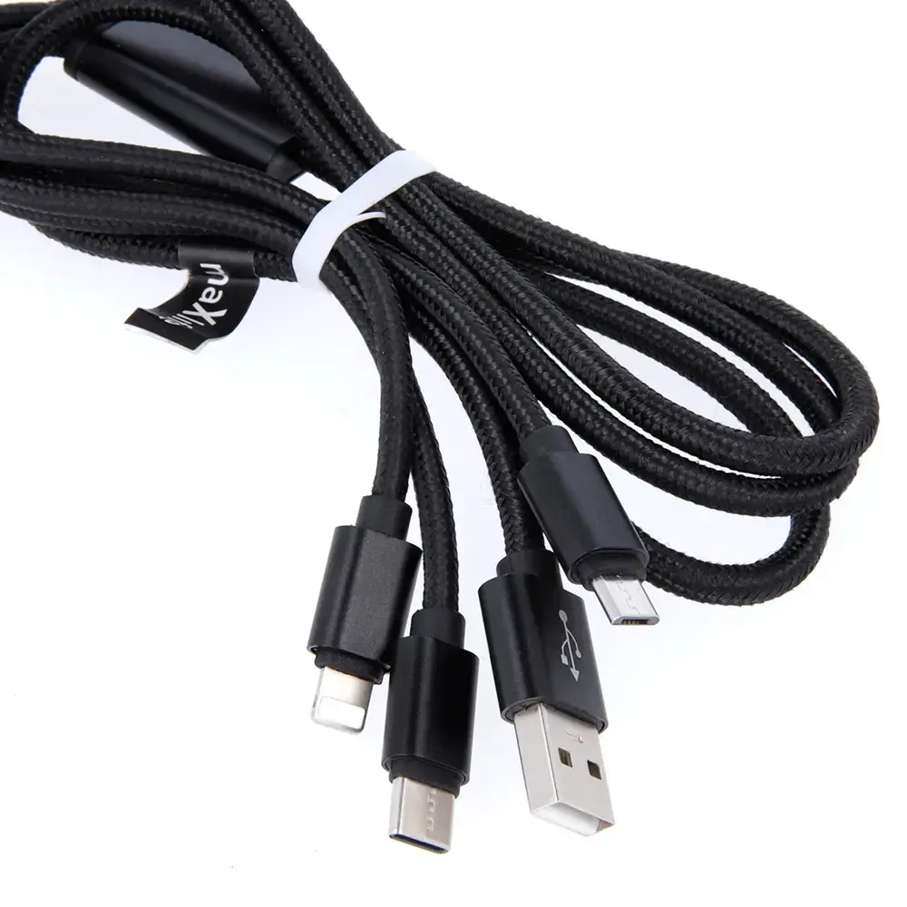 Maxlife 3-in-1 datu pārraides un uzlādes vads | USB-A uz Lightning, USB-C, Micro USB | 10W | 1m | melns