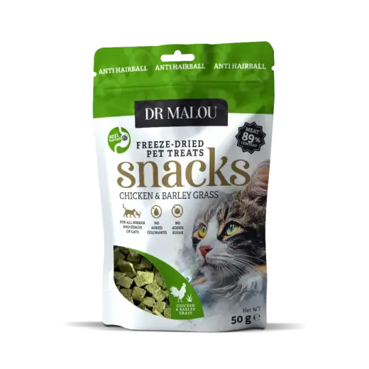 Gardumi kaķiem - DR Malou, Cat treats cubes with chicken and GRASS 50g