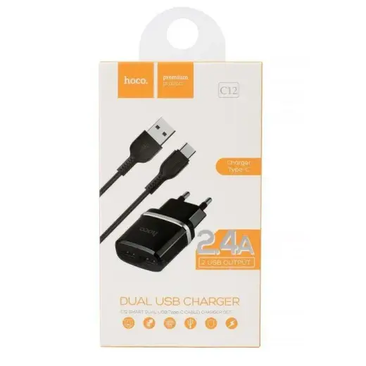 Hoco Premium Smart C12 Universāls Tīkla Lādētājs 2.4A 2 x USB + Type-C Vads Melns