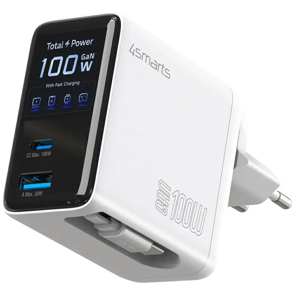 4smarts GaN Flex Screen AI tīkla lādētājs | 100W | GaN | USB-C, USB-A | balts