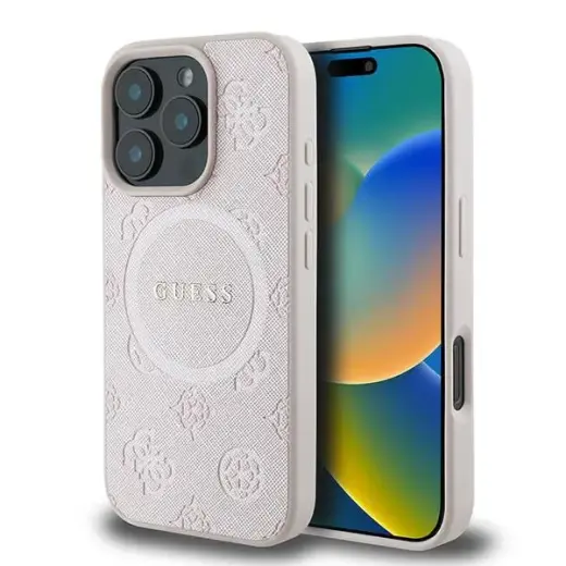 Guess GUHMP16LPSAPSMEP Saffiano Peony Classic Logo telefono dėklas su MagSafe palaikymu iPhone 16 Pro rožinis