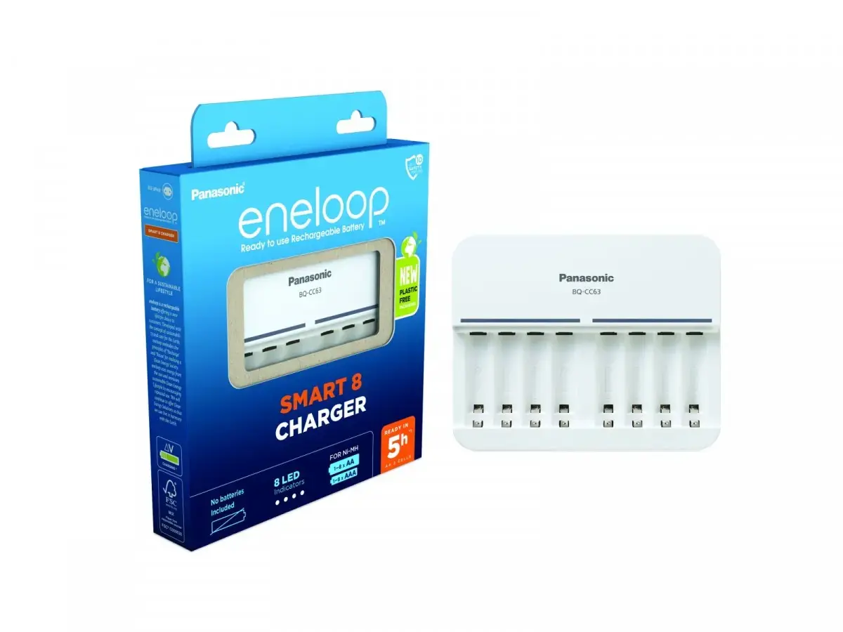 Eneloop charger BQ-CC63E with space for 8 aku.