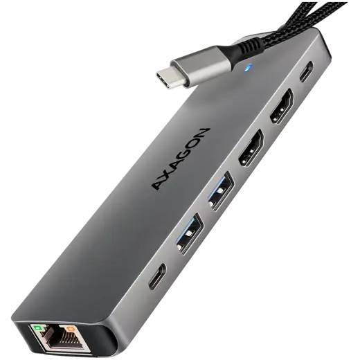 AXAGON HMC-7HX2 USB-C 3.2 Gen 1 hub, 2x USB-A + 1x USB-C, 2x HDMI 4K 60Hz, GLAN, PD 100W, 15cm USB-C cable