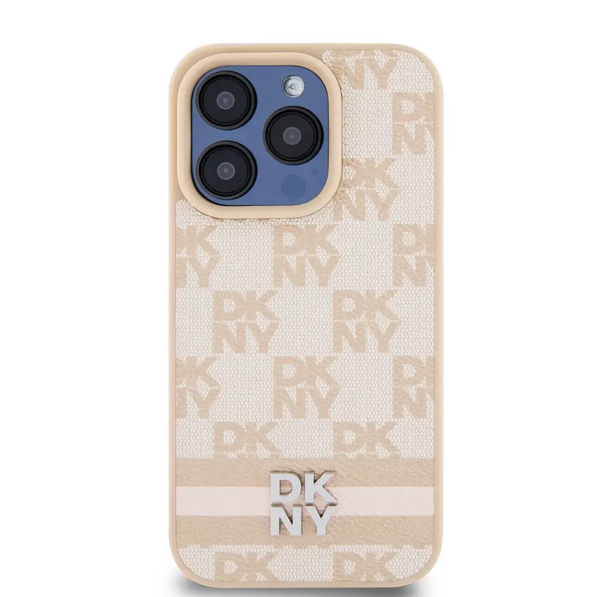 DKNY PU Leather Checkered Pattern and Stripe Case for iPhone 13 Pro Max Pink