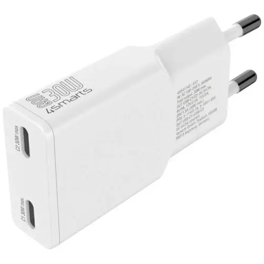 Зарядное устройство 4smarts FlatPlug Slim Dual | 30W | PD, GaN | USB-C | белое