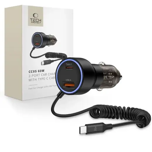 Tech-Protect CC05 automašīnas lādētājs | 60W | PD | USB-C | ar USB-C vadu komplektā | melns
