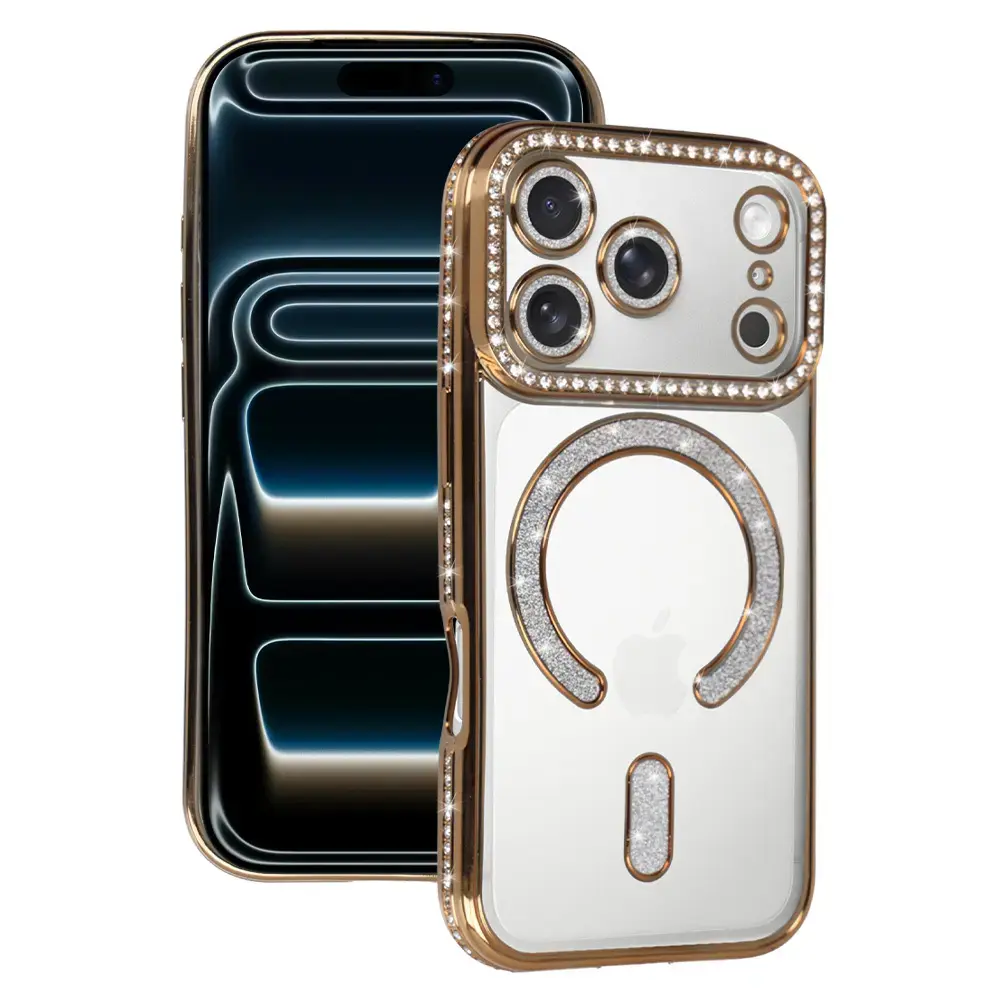 Bling maciņš ar MagSafe atbalstu telefonam iPhone 17 Pro Max zelta krāsā