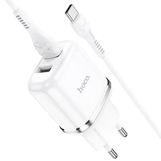 Hoco N4 universal travel charger 2 x USB | 5V | 2.4A + USB-C cable 1M white