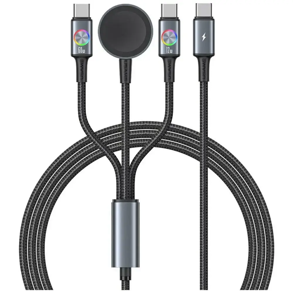 USAMS Huan Series SJ754 3-in-1 datu pārraides un uzlādes vads | USB-A uz USB-C, USB-C, Apple Watch Charger | 72W | pelēks