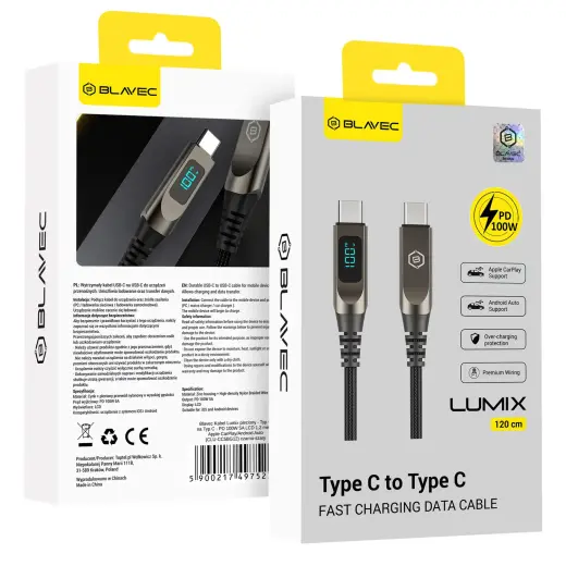 Blavec Lumix CLU-CC5BG12 datu pārraides un uzlādes vads | USB-C uz USB-C | PD | 100W | ar LED ekrānu | 1.2m | melns, pelēks