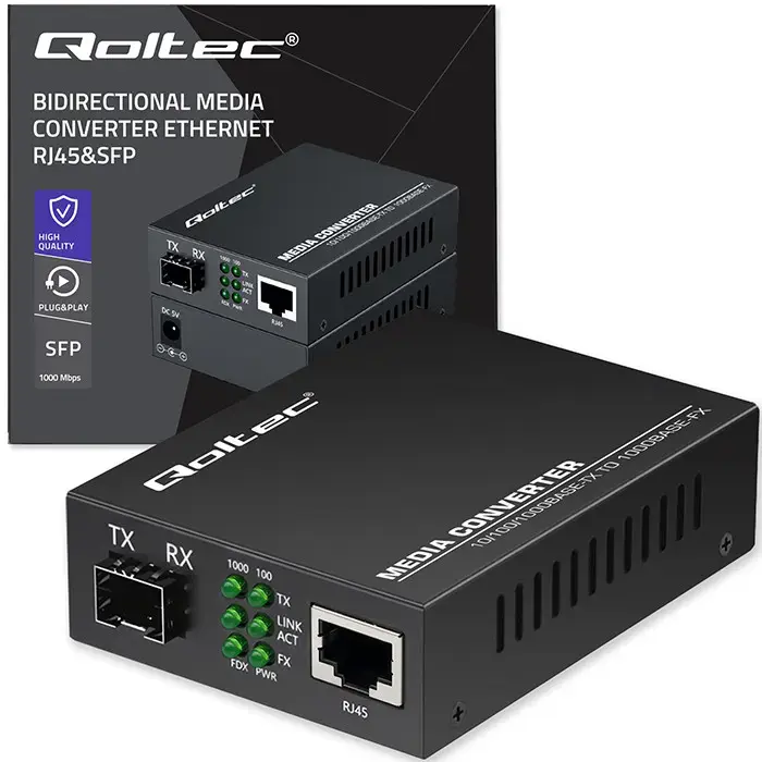Qoltec Bidirectional Ethernet SWITCH Media Converter 1x RJ45 1x SFP| 1000Mbps | 5V