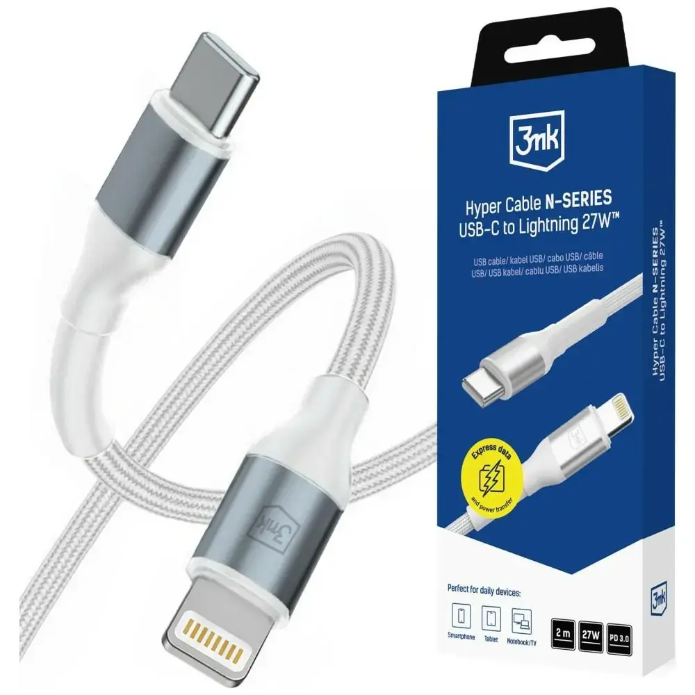 3mk Protection Hyper N-SERIES datu pārraides un uzlādes vads | USB-C uz Lightning | 27W | 2m | balts