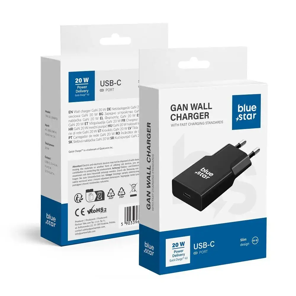 Blue Star Slim tīkla lādētājs | 20W | PD, QC, GaN | USB-C | melns