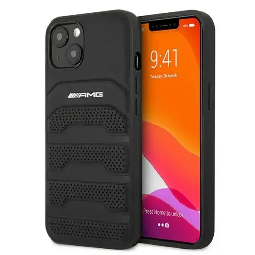 AMHCP13MGSEBK AMG Genuine Leather Perforated Hard Case for iPhone 13 Black