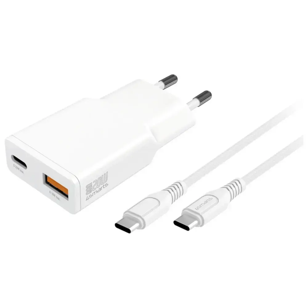 4smarts PDPlug Slim Duos tīkla lādētājs | 20W | PD, GaN | USB-C, USB-A | ar USB-C uz USB-C vadu komplektā | balts