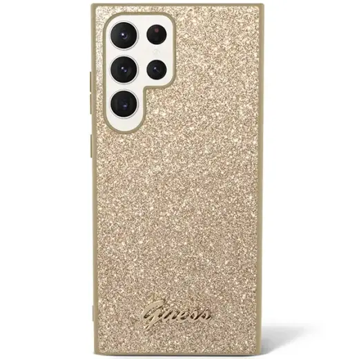 Guess PC|TPU Glitter Flakes Metal Logo Case for Samsung Galaxy S23 Ultra Gold