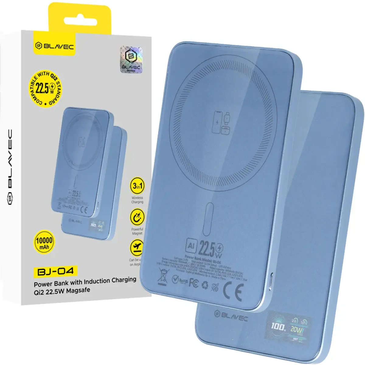 Blavec BJ-04 Ultra Slim 7.8mm 3-in-1 (PBBJ04-MC5LB) Power Bank | 5000 mAh | 22.5W | USB-C, Wireless, MagSafe | blue