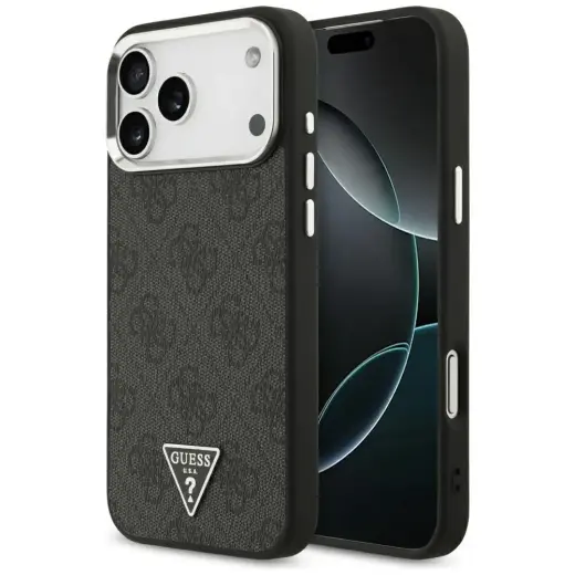 Guess 4G Triangle Logo phone case with MagSafe support for iPhone 17 Pro Max | iPhone 18 Pro Max black silver