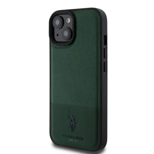 U.S. Polo PU Leather Mesh Pattern Double Horse Case for iPhone 15 Green