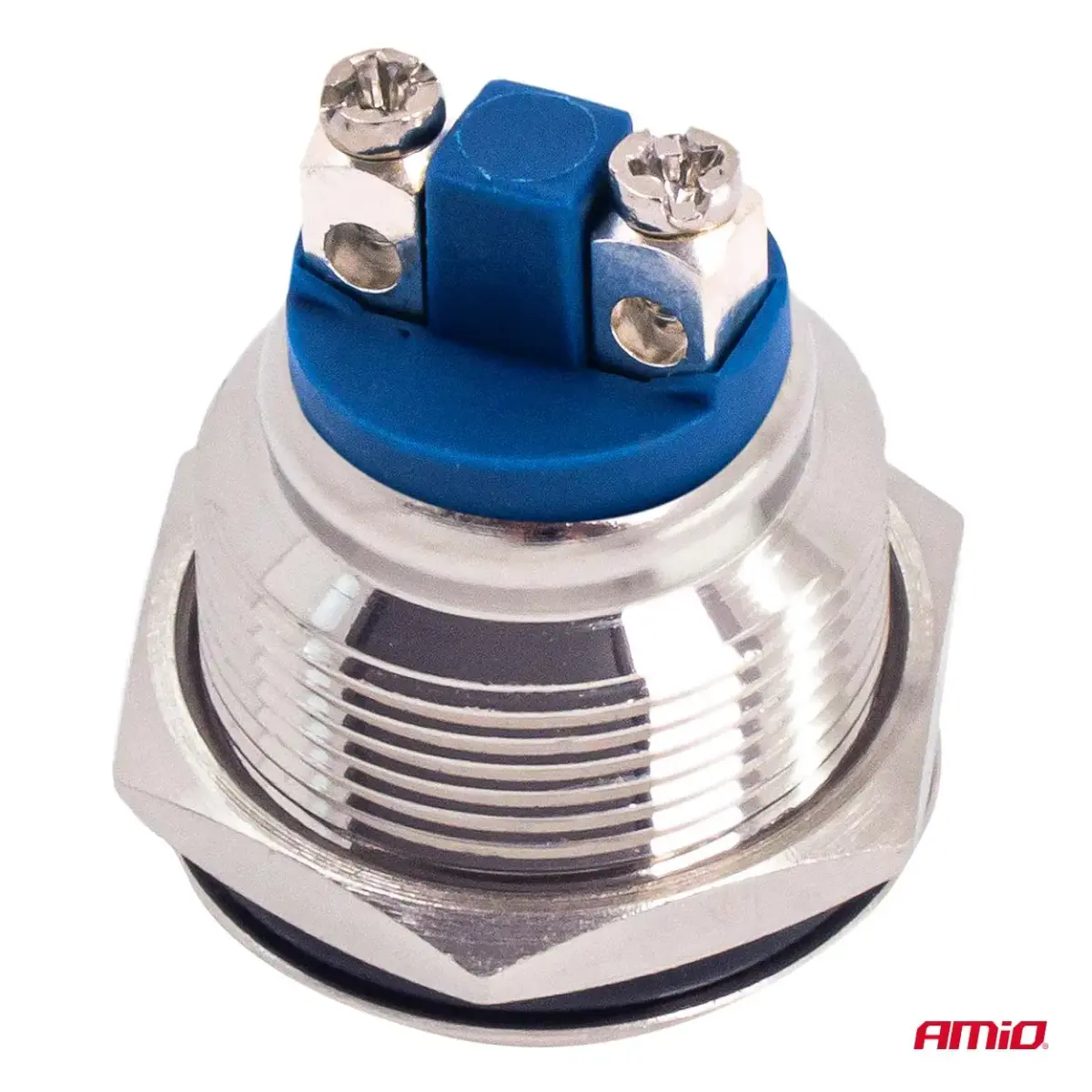 Flat round steel momentary button 19 mm, 5 A, 12/230 V, AMIO-04436