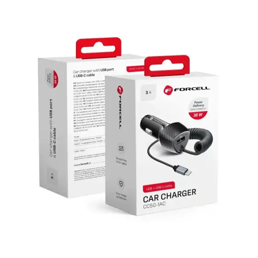 Зарядка для автомобиля Forcell F-Energy Carbon CC50-1AC | 20W | PD, QC | USB-A, USB-C | с кабелем USB-C в комплекте | чёрная