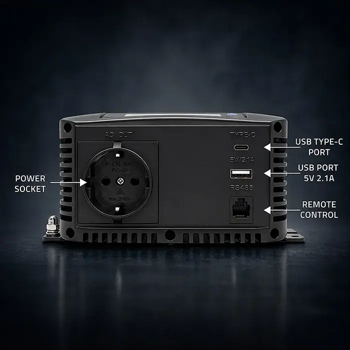 Qoltec Pure Sine Wave Inverter | 12V to 230V | 500/1000W | LCD | USB | USC-C | Compatible with LiFePO4 GEL AGM
