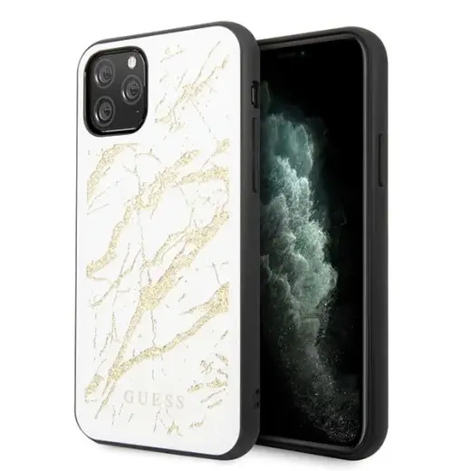 Guess GUHCN65MGGWH iPhone 11 Pro Max biały|white hard case Glitter Marble Glass