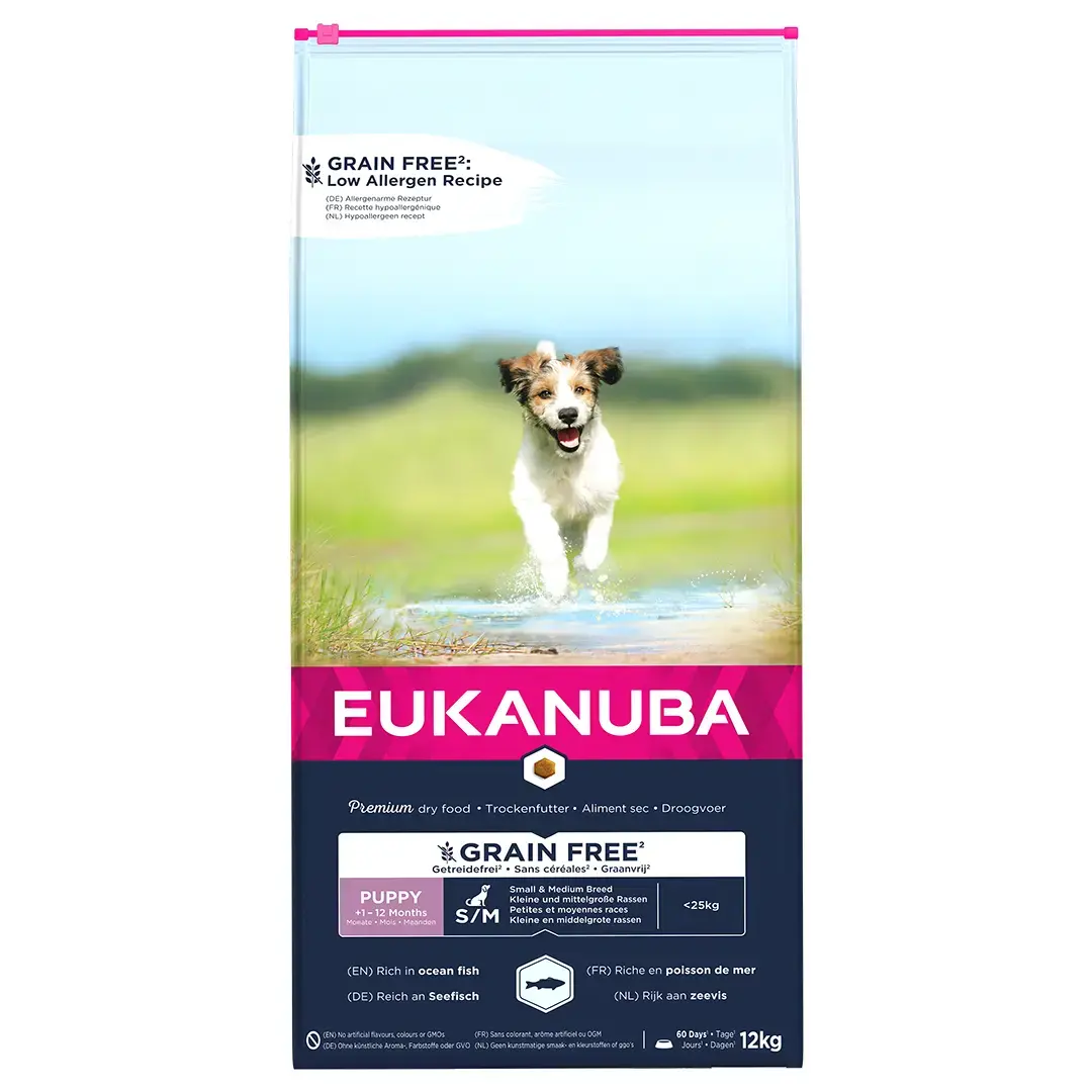 Sausa barība kucēniem - Eukanuba Puppy & Junior, Small & Medium, GRAIN FREE OCEAN FISH 12kg