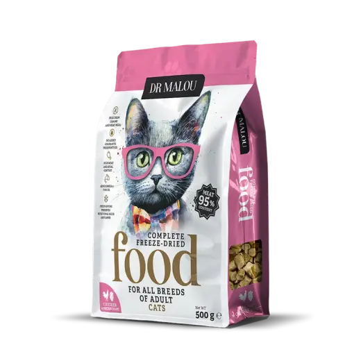 Liofilizēta barība kaķiem - DR Malou, Chicken with chicken hearts CAT KARMA, Adult, 500g