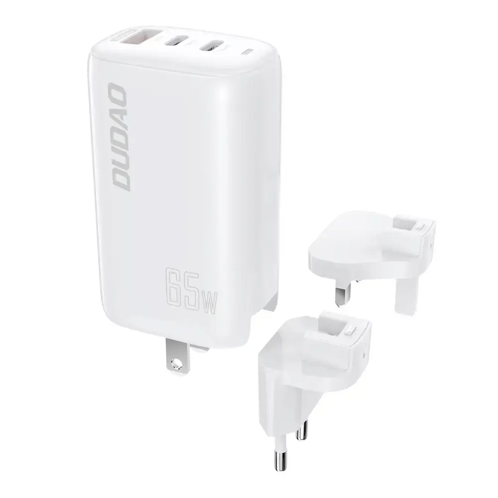 Dudao three-port GaN 3in1 charger (EU, US, UK) 2 x Type C (PD) + USB (QC) 65W white (A7PRO)